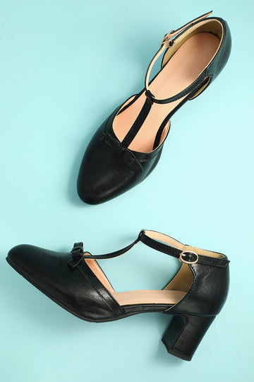 Czarne Skórzane Obcasy na Słupku